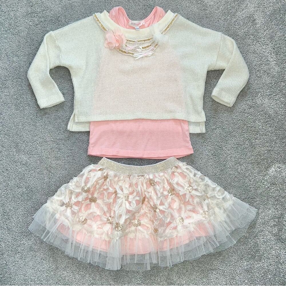 24m Baby Sara Sara Hannah Banana Girls 3pc Matching Outfit Set Top Skirt Sweater - Picture 2 of 10